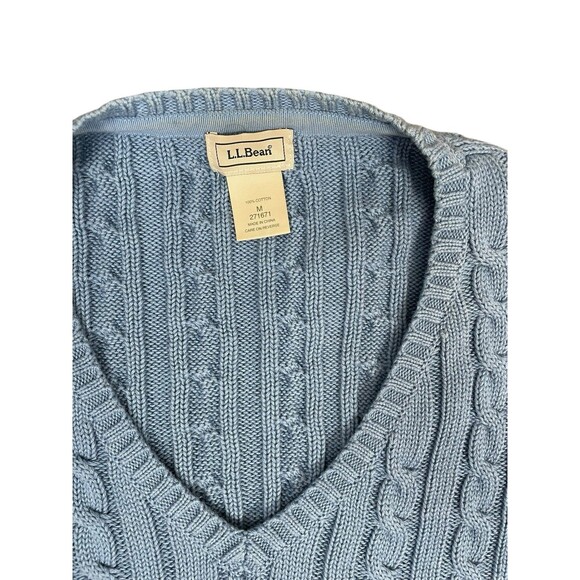 LL Bean Sweater Women Medium M Blue Cable Knit V Neck Cotton Long Sleeve - Picture 4 of 10